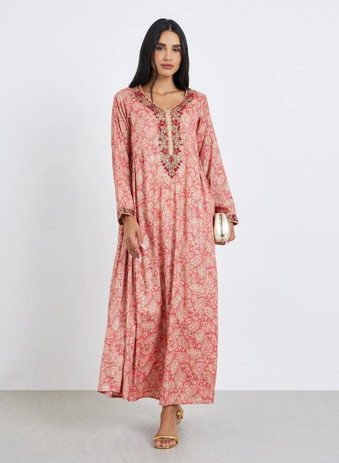 Amirah Women Pink Printed Embroidered Jalabiya with Scarf